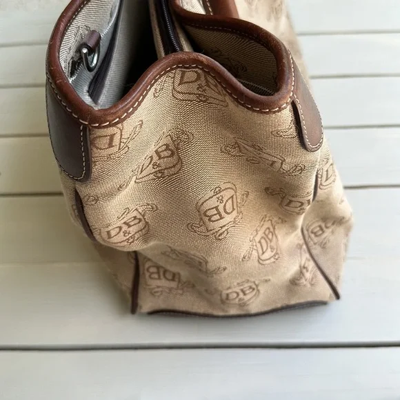 Dooney & Bourke DB Logo Double Handle Tote Brown Fabric Leather Accents